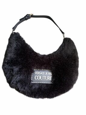 Versace Jeans Collection Black Faux Fur Crescent Hobo Bag